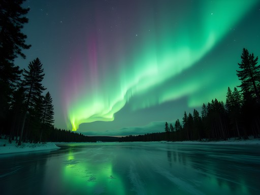 Spectacular Northern Lights display over frozen lake in Savonlinna, Finland