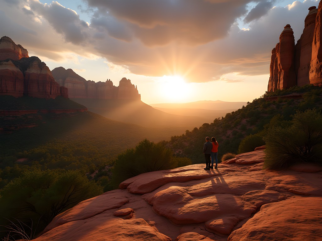 Couple hiking Cathedral Rock trail in Sedona at golden hour