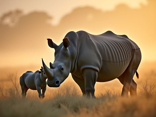Rare black rhinoceros mother and calf in morning mist of Serengeti