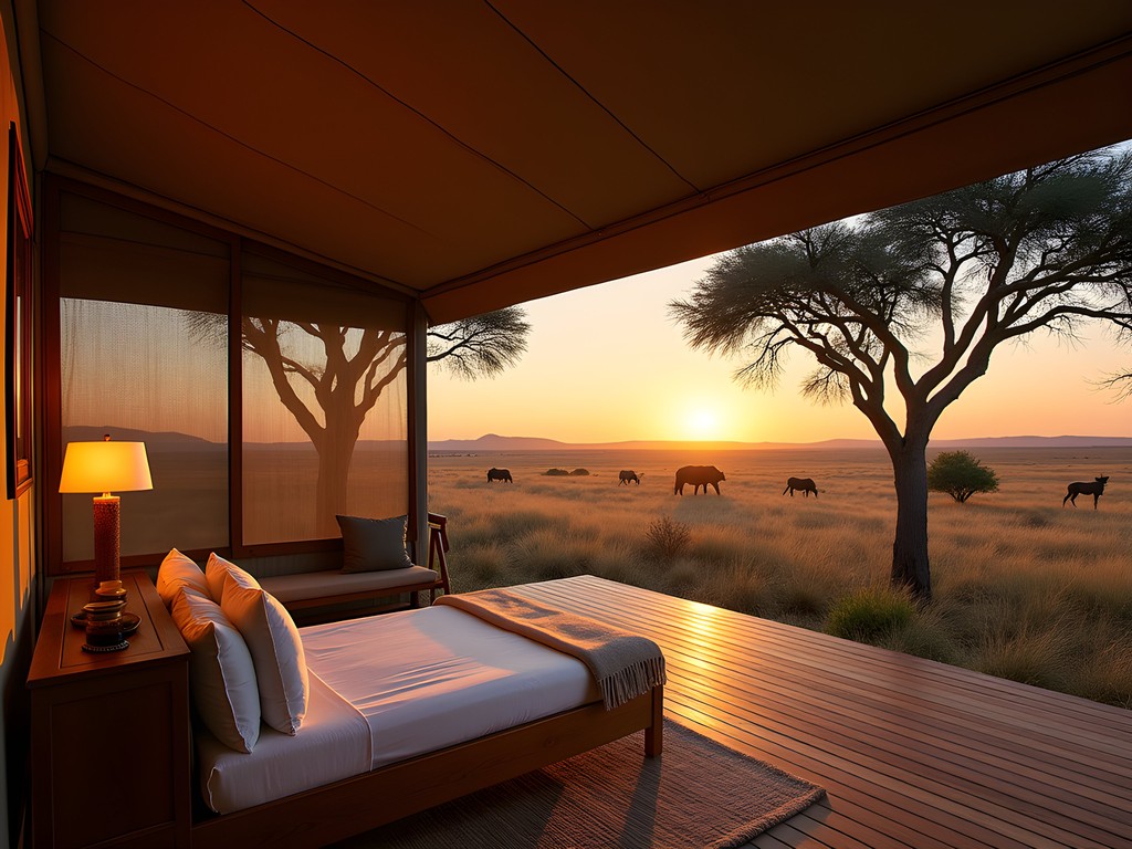 Luxury tented camp overlooking Serengeti plains at sunset