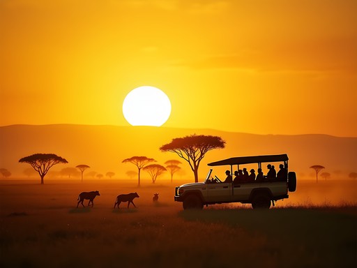 Early morning game drive across Serengeti plains with wildlife silhouettes