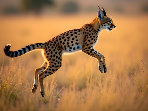 Serval cat mid-leap hunting in tall Serengeti grasslands