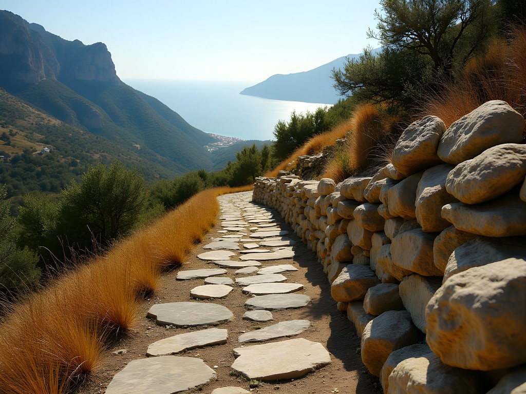 Ancient dry stone path between Valldemossa and Deià with Mediterranean Sea views