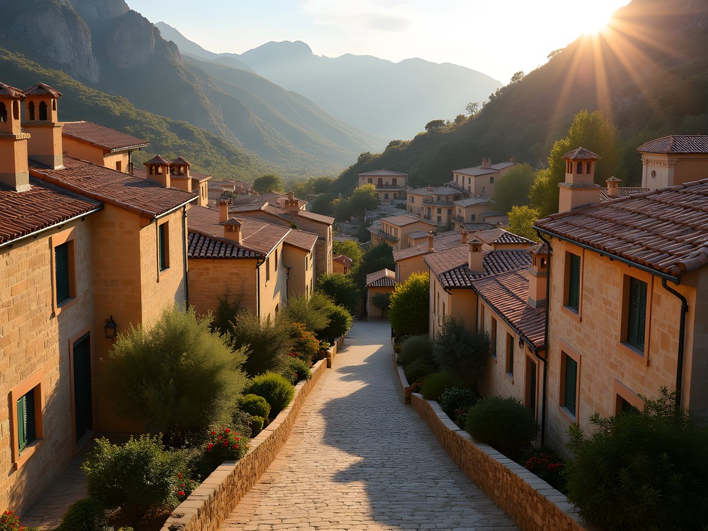 The mountain village of Fornalutx bathed in golden autumn light with traditional stone houses