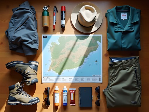 Well-organized hiking gear laid out for Serra de Tramuntana trek including maps, layers, and equipment