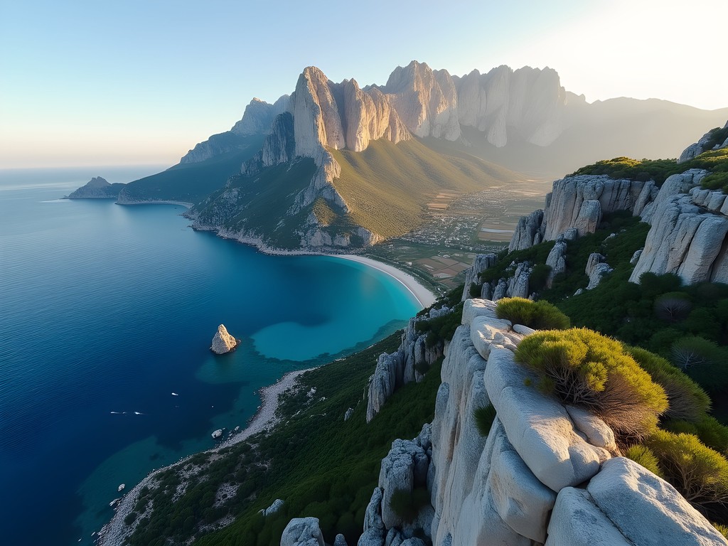 Panoramic view of Serra de Tramuntana mountains meeting the Mediterranean Sea