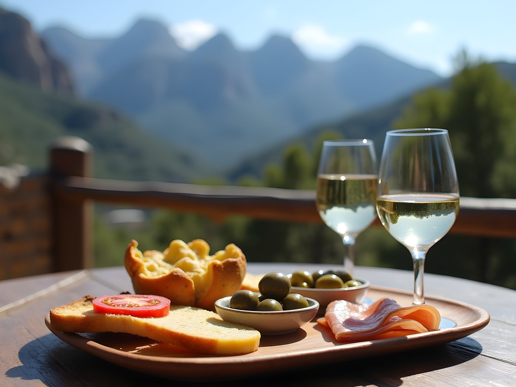 Traditional Mallorcan meal of pa amb oli, local cheeses and olives with Serra de Tramuntana mountain view