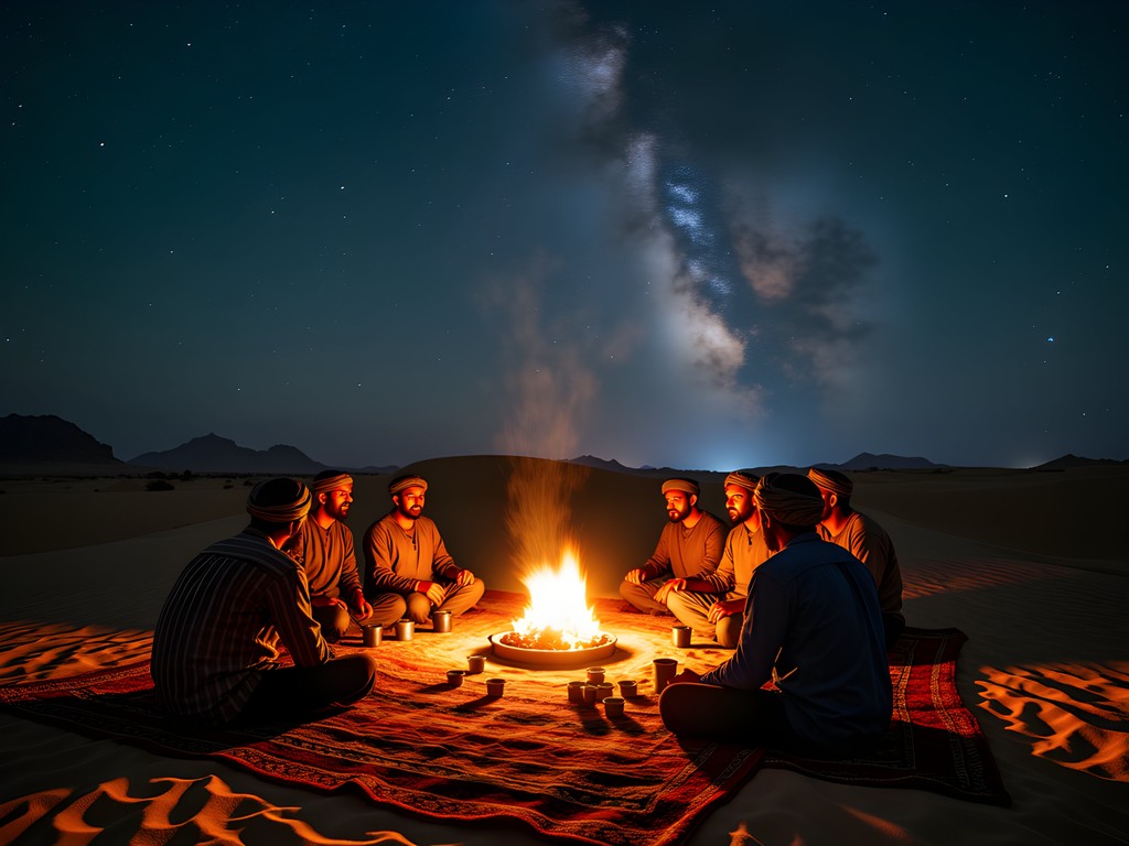 Evening gathering at authentic Bedouin camp in Sinai Desert with starry sky