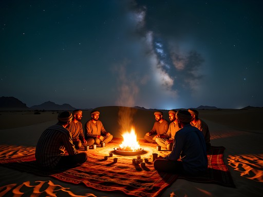 Evening gathering at authentic Bedouin camp in Sinai Desert with starry sky