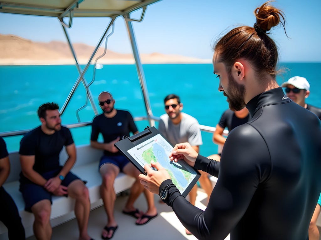 Dive guide conducting pre-dive briefing on a Red Sea dive boat