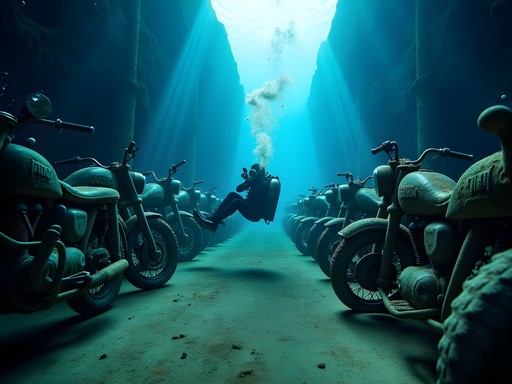 Diver exploring motorcycles in the cargo hold of the Thistlegorm shipwreck