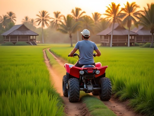 ATV quad bike tour through vibrant green rice fields in rural Siem Reap