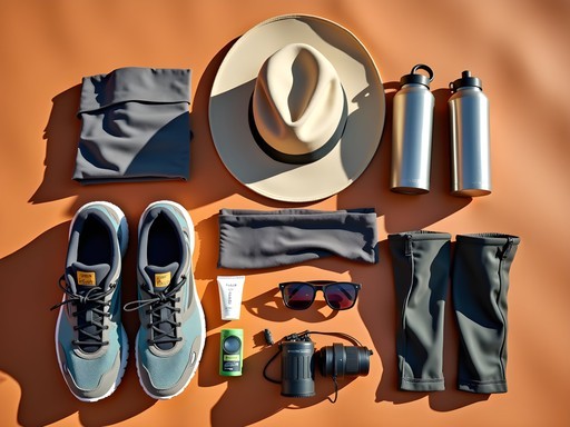 Essential hiking gear laid out for climbing Big Daddy Dune including water bottles, sun protection, and proper footwear