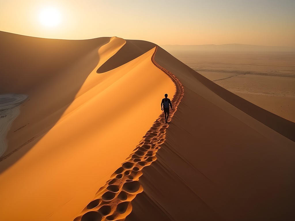 Person climbing along the ridgeline of Big Daddy Dune with dramatic shadows and rippled sand patterns