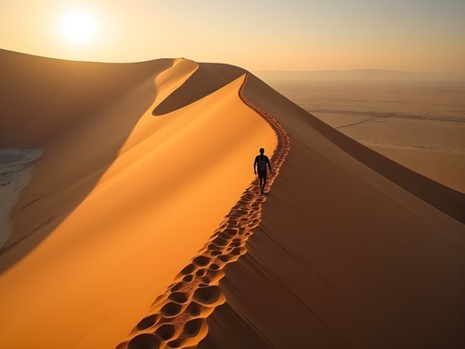 Person climbing along the ridgeline of Big Daddy Dune with dramatic shadows and rippled sand patterns