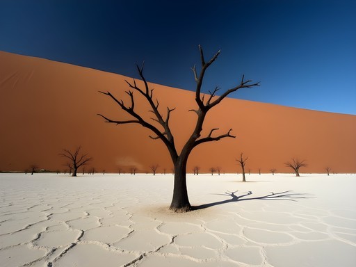 Stark black dead trees against white clay pan with massive orange sand dune in background at Deadvlei