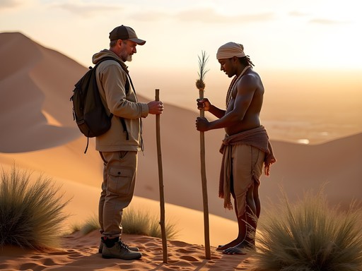 Local guide demonstrating traditional desert survival skills with tourist in Namibian desert landscape
