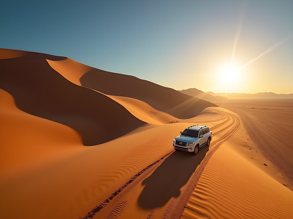 4x4 vehicle approaching Sossusvlei at sunrise with Big Daddy Dune silhouetted against golden morning light