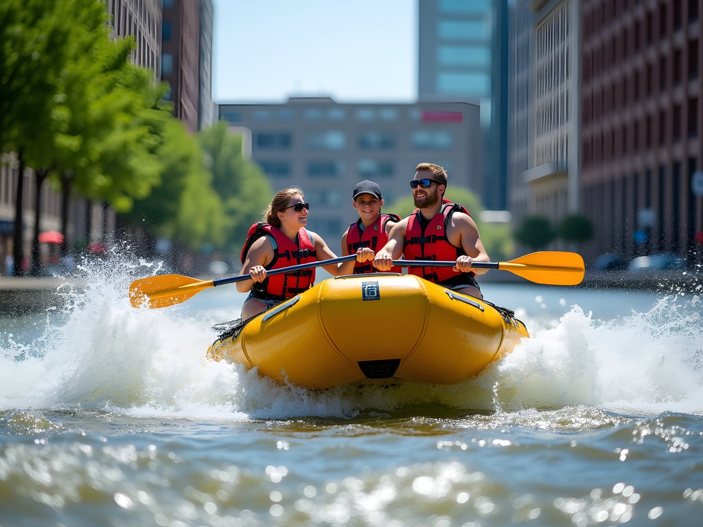 Family rafting through urban rapids at East Race Waterway in South Bend