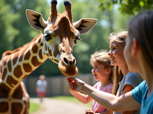 Family participating in giraffe feeding experience at Potawatomi Zoo in South Bend