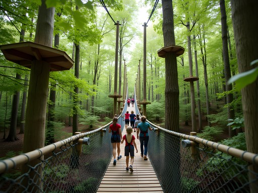 Family navigating treetop obstacles at Rum Village Aerial Adventure Park in South Bend