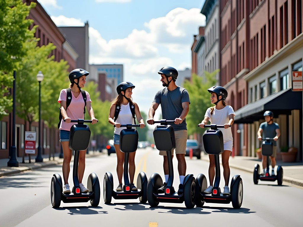 Family enjoying a guided Segway tour through historic downtown South Bend
