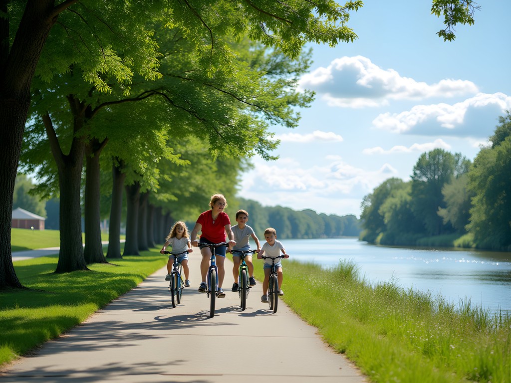 Family cycling on the scenic Riverside Trail along St. Joseph River in South Bend