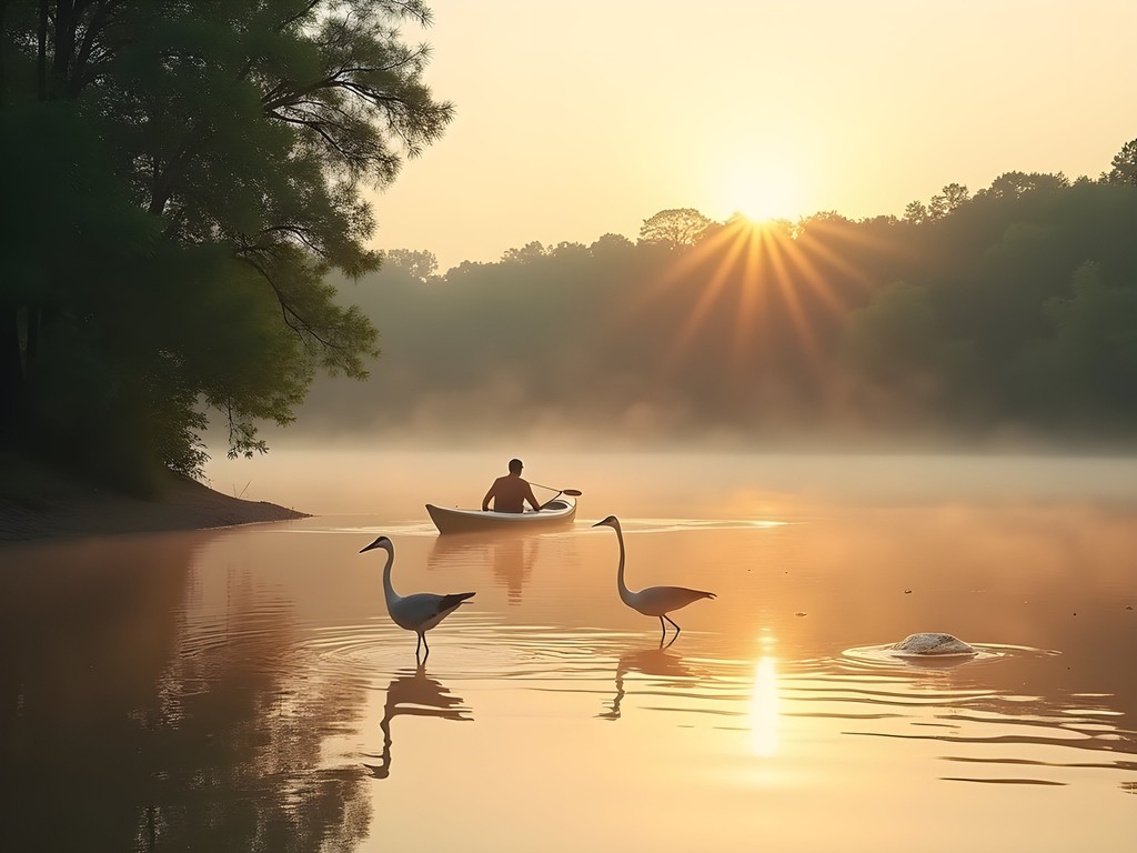 Woman kayaking on misty morning waters of 370 Lakeside Park in St. Peters