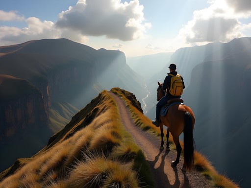 Horseback rider traversing narrow mountain path in Lesotho highlands