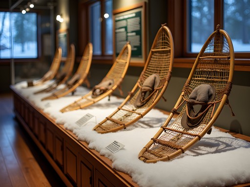 Person examining traditional and modern snowshoe designs at Timmins Museum cultural exhibit