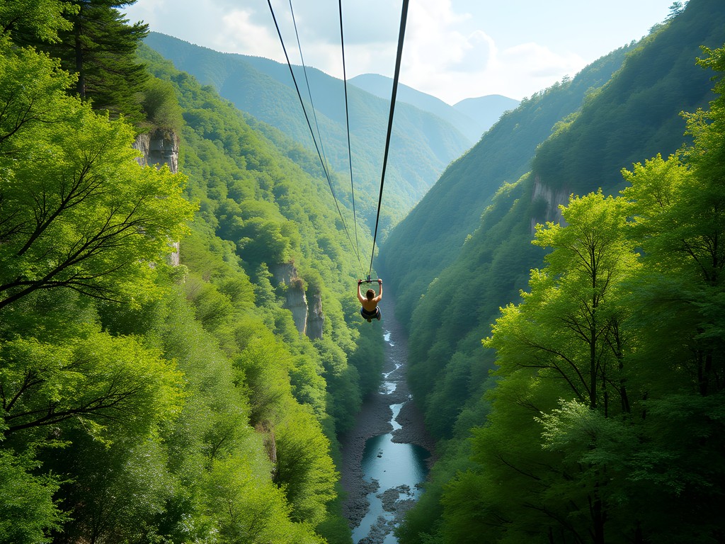 Person ziplining through lush green forest canopy in Okutama, Tokyo