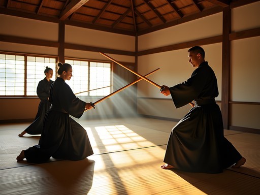 Group training with wooden swords in traditional Japanese dojo in Tokyo
