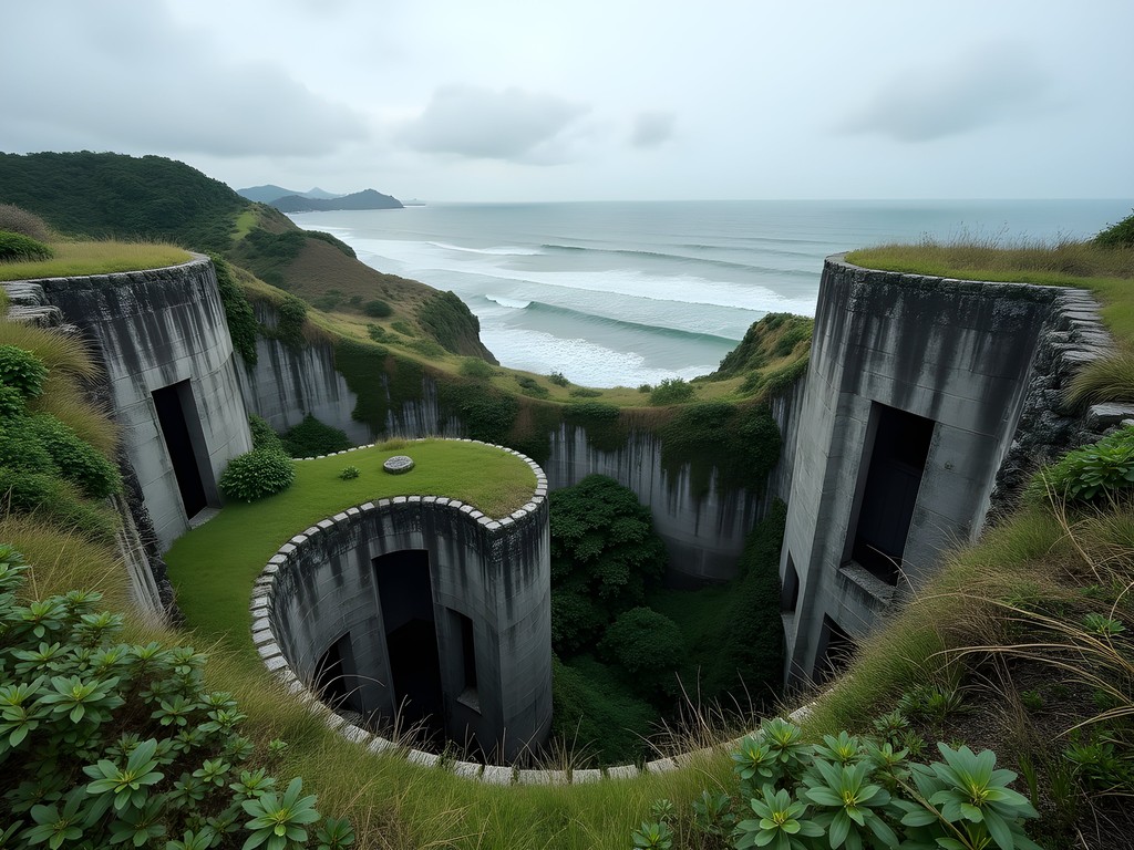 Person exploring abandoned military fortifications overgrown with vegetation on Sarushima Island in Tokyo Bay