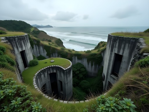Person exploring abandoned military fortifications overgrown with vegetation on Sarushima Island in Tokyo Bay