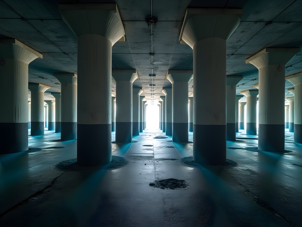 Massive concrete pillars in Tokyo's G-Cans underground flood prevention system