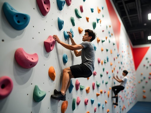 Person climbing colorful bouldering wall in modern Tokyo climbing gym