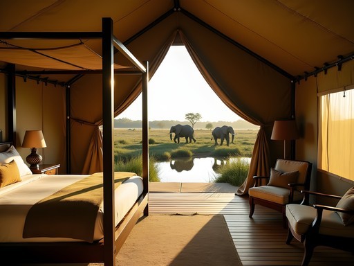 Luxury tented safari camp overlooking Tsavo waterhole with elephants