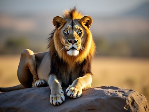 Maneless male lion resting on rock in Tsavo National Park