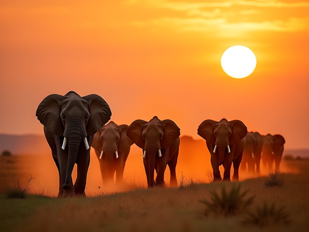 Herd of red dust-covered elephants crossing Tsavo plains at sunset