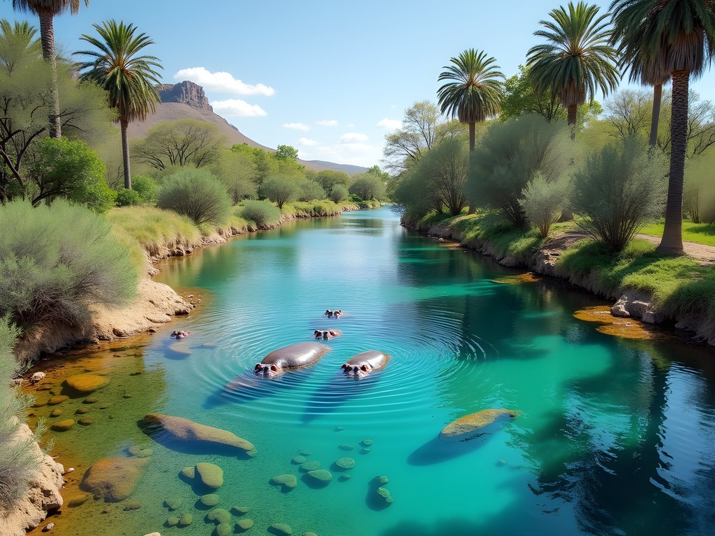 Crystal clear waters of Mzima Springs in Tsavo West with hippos and palm trees