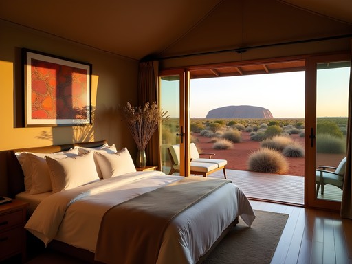 Luxury tent accommodation with panoramic Uluru view at sunset