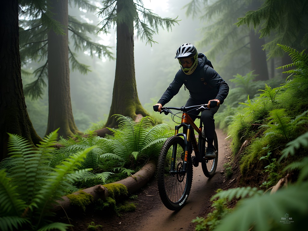 Mountain biker navigating wooden features on North Shore trails in Vancouver