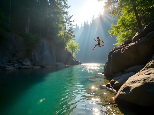 Person mid-jump from cliff into emerald waters of Lynn Canyon