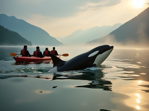 Orca whale surfacing near kayakers in Strait of Georgia with coastal mountains in background