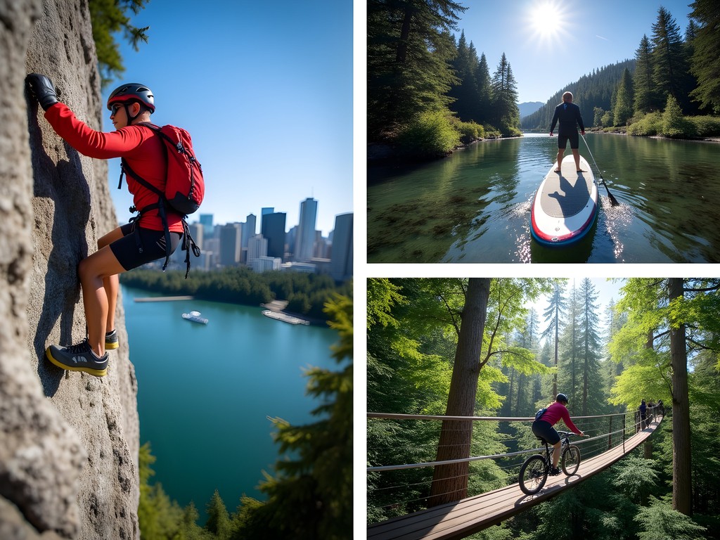 Collage of outdoor adventure activities in Vancouver including rock climbing, paddleboarding, and mountain biking