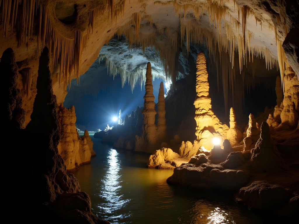 Cave exploration with headlamps in Tham Nam Water Cave near Vang Vieng