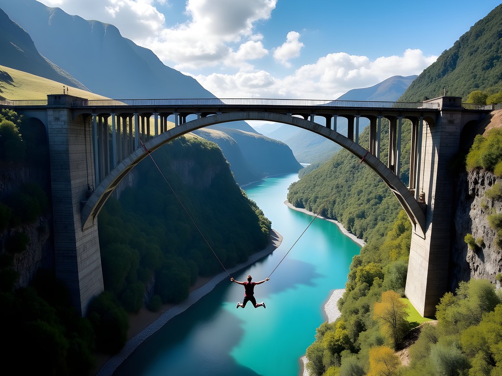 Person mid-bungee jump over turquoise waters of Kawarau Gorge, New Zealand