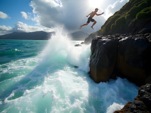 Person coasteering along Wellington's dramatic rocky coastline with waves crashing