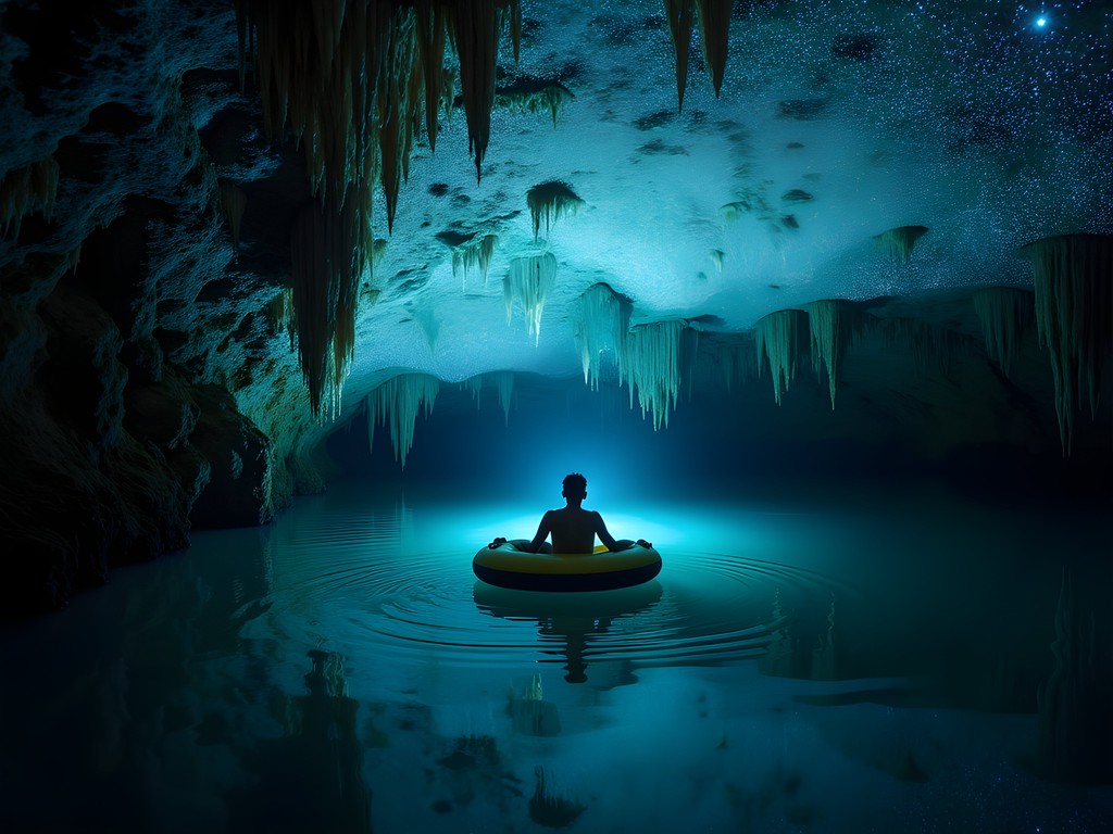 Cave explorer floating on inner tube under glowworm-covered ceiling in Waitomo Caves