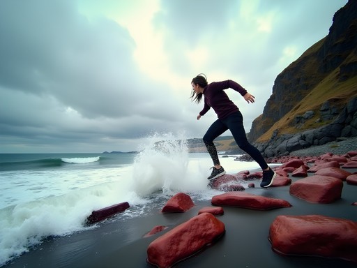 Person leaning at extreme angle against powerful wind on Wellington's rugged south coast